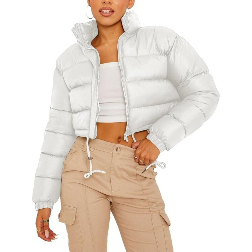 Women's Short Down White Puffer Jacket Coat Winter Warm Zip Up Bubble Pocket